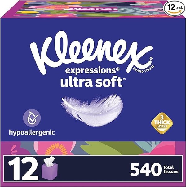 Expressions Ultra Soft Facial Tissues, 12 Cube Boxes, 45 Tissues per Box, 3-Ply (540 Total Tissues), Packaging May Vary