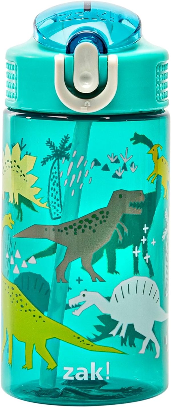Kids Water Bottle For School or Travel, 16oz Durable Plastic Water Bottle With Straw, Handle, and Leak-Proof, Pop-Up Spout Cover (Dinosaur)