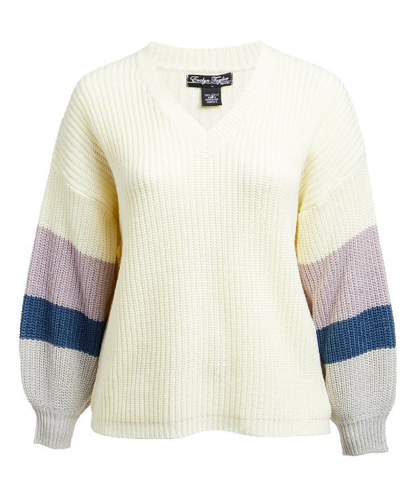 Cream & Purple Stripe Bishop-Sleeve V-Neck Sweater - Women & Plus