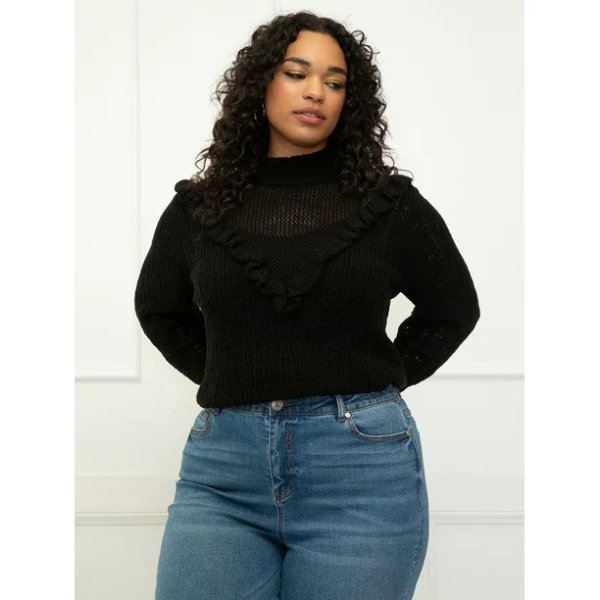 ELOQUII Elements Women's Plus Size Ruffle Yoke Sweater