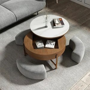 Lift Top Extendable 3 Storable Stools Sintered Stone Coffee Table with Storage