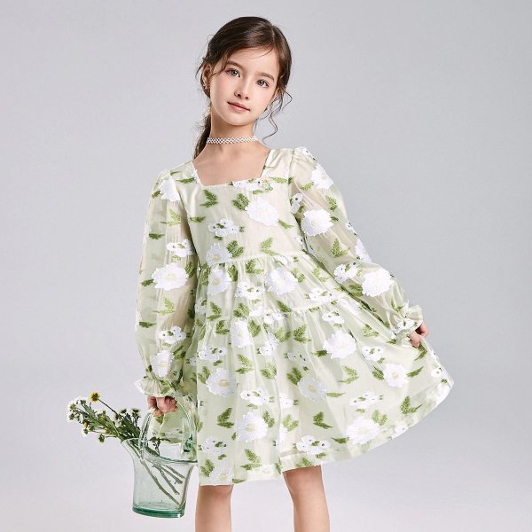 Girls Floral Embroidery Square Collar Dress |Fashion