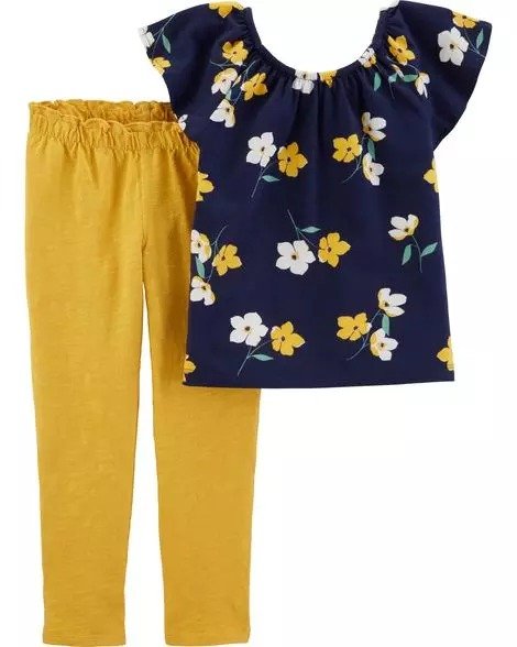 2-Piece Floral Stretch Top & Slub Jersey Pant Set