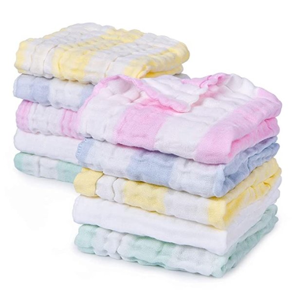 Baby Muslin Washcloths, Momcozy Baby Washcloths 12'' x 12'' 100% Muslin Cotton Soft Baby Towels Set Reusable Muslin Cotton Baby Wipes for Bath, Bibs and Hands, Unisex, Rainbow Color 10 Pack