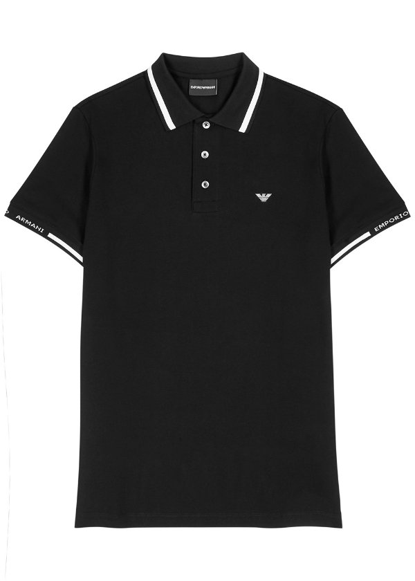 Black pique stretch-cotton polo shirt