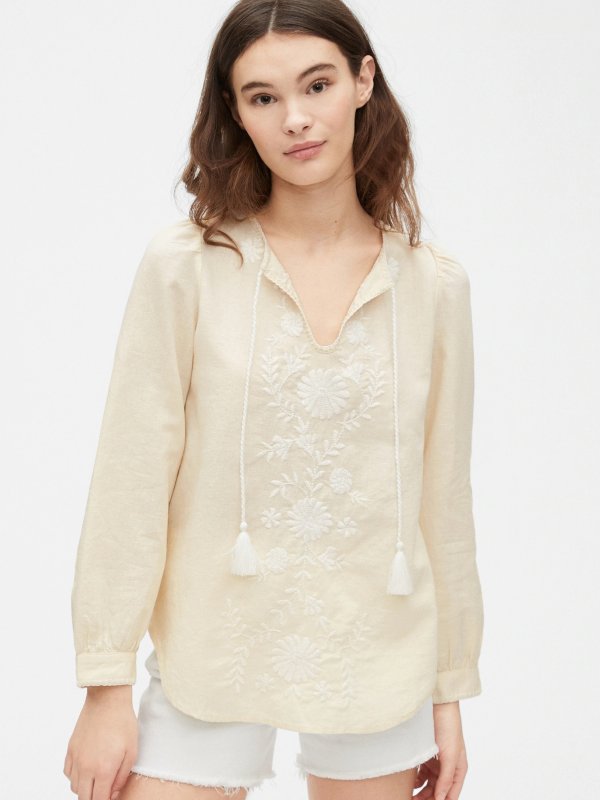 Embroidered Tie-Front Top in Linen-Cotton