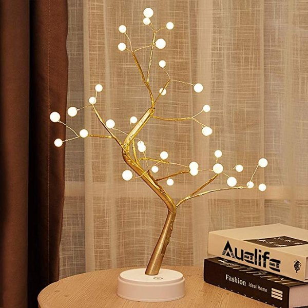 Auelife Upgraded Copper Wire Tree Branch Lights DIY Led Desk Tree Lamp 36 Pearls LED Tree Lights for Desk Table Decor, Wedding Party, Living Room,Bedroom Decoration, Warm White