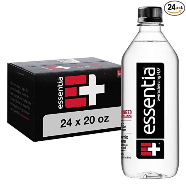 Essentia Bottled Water, Ionized Alkaline Water; 99.9% Pure, Infused with Electrolytes, 9.5 pH or Higher with a Clean, Smooth Taste, 20 Fl Oz (Pack of 24)