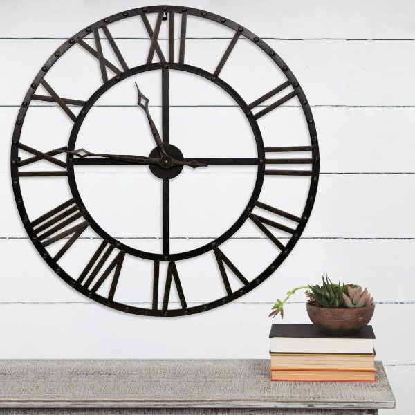 Oversized Black and Bronze Metal Wall Clock