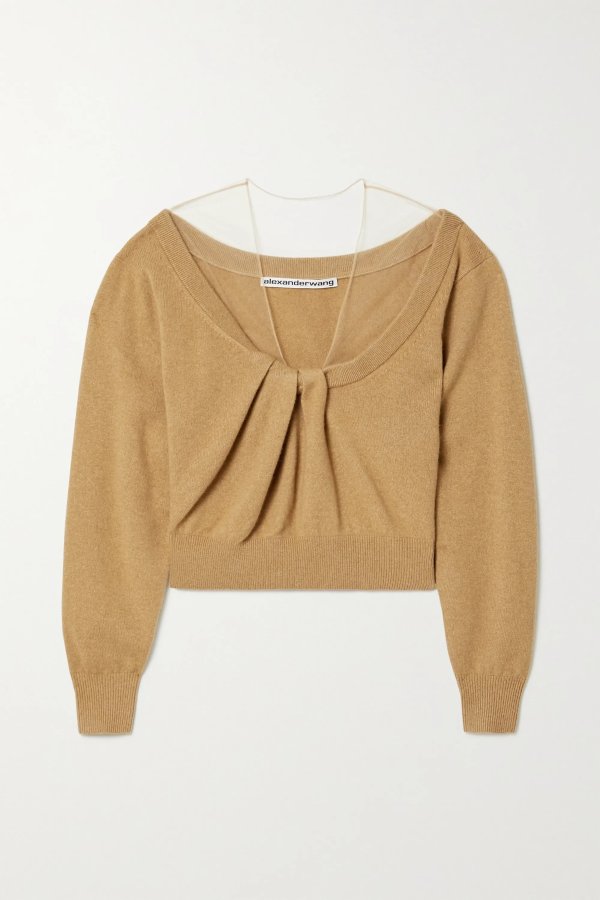 Cropped tulle-trimmed wool-blend sweater