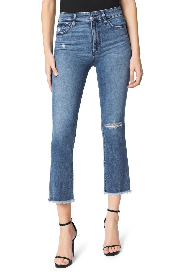 The Callie Distressed High Waist Fray Hem Crop Flare Jeans