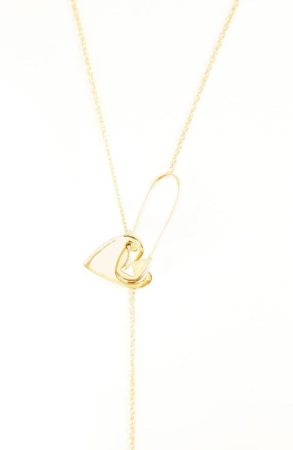 Diamond Heart Safety Pin Lariat Necklace
