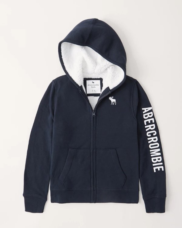 boys sherpa-lined full-zip embroidered logo hoodie | boys clearance | Abercrombie.com