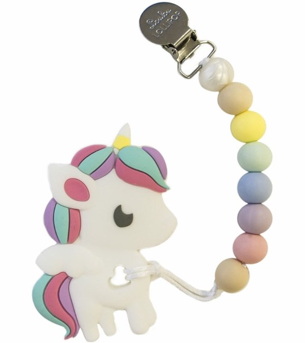 Silicone Teether with Clip - Rainbow Unicorn/Cotton Candy