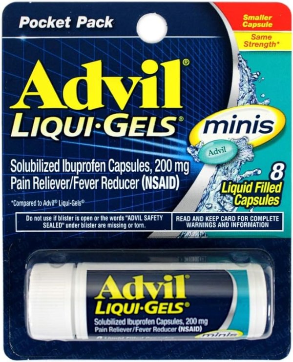 Advil Liqui-Gels minis Pain Reliever and Fever Reducer, Pain Medicine for Adults with Ibuprofen 200mg for Pain Relief - 8 Liquid Filled Capsules