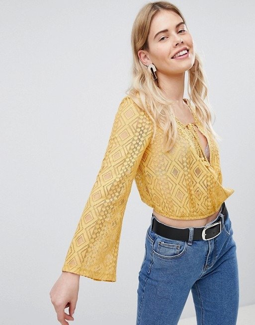 New Look Tie Front Long Sleeve Lace Top at asos.com