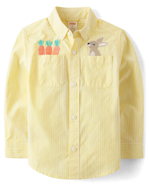 Boys Pinstripe Bunny Poplin Button Up Shirt - Spring Celebrations - sunshine