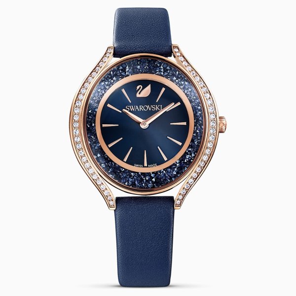 Crystalline Aura Watch, Leather strap, Blue, Rose-gold tone PVD by SWAROVSKI