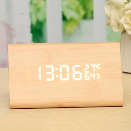 Wooden Alarm Clock LED Digital Time/Temperature/Humidity Display Voice Control , Digital Wooden Clock, Wooden Clock