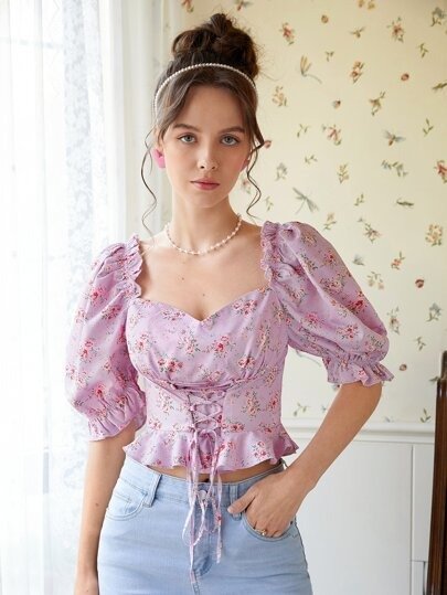 MOD Ditsy Floral Print Lace Up Front Ruffle Hem Blouse