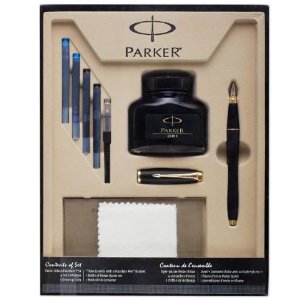 Parker Urban Fountain Pen, Medium Point, Black with Gold Trim Kit with 4 Ink Cartridges