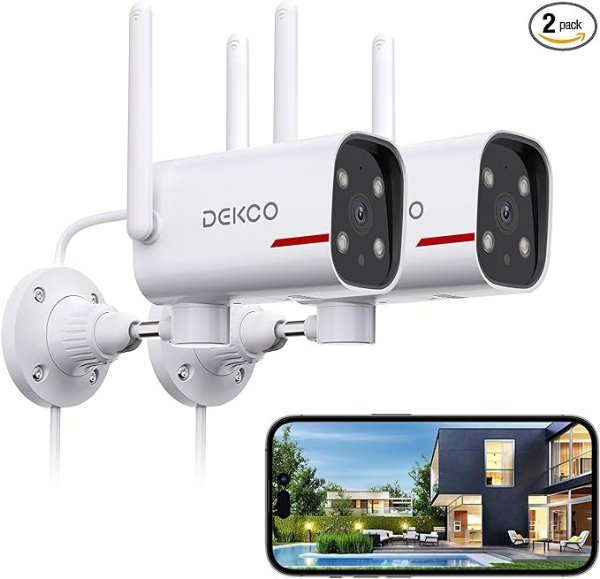 2 Pack Outdoor Security Camera with 2K Color Night Vision, Pan Rotating 180° Wired WiFi Camera Support 24/7 Recording, 2.4&5G WiFi, AI Human Auto Tracking, Work with Alexa/Google Assistant