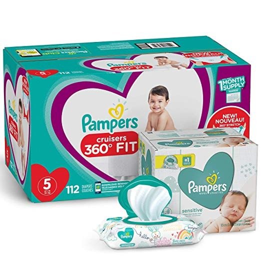 Diapers Size 5 - Cruisers 360˚ Fit Disposable Baby Diapers with Stretchy Waistband, 112 Count ONE Month Supply with Baby Wipes Sensitive 6X Pop-Top Packs, 336 Count