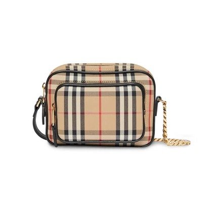 Vintage Check and Leather Camera Bag