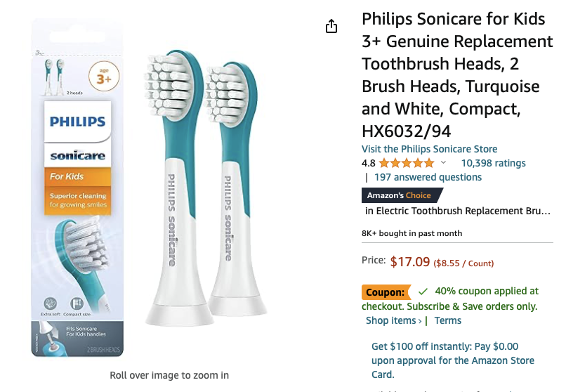 Amazon.com : Philips Sonicare for Kids 3+ Genuine 儿童款牙刷头额外6折