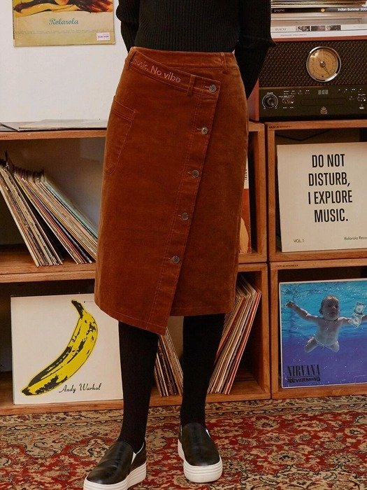 (SK-19742) Corduroy Midi Wrap Skirt Brown