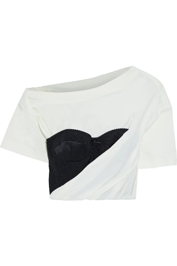 Cropped embroidered tulle-paneled draped cotton-blend jersey T-shirt