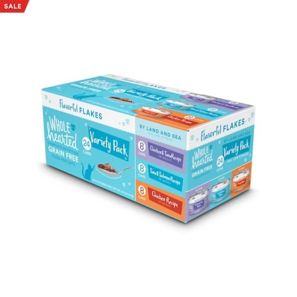 WholeHearted Grain Free By Land and Sea Flaked Wet Cat Food Variety Pack for All Life Stages, 2.8 oz., Count of 24 | Petco