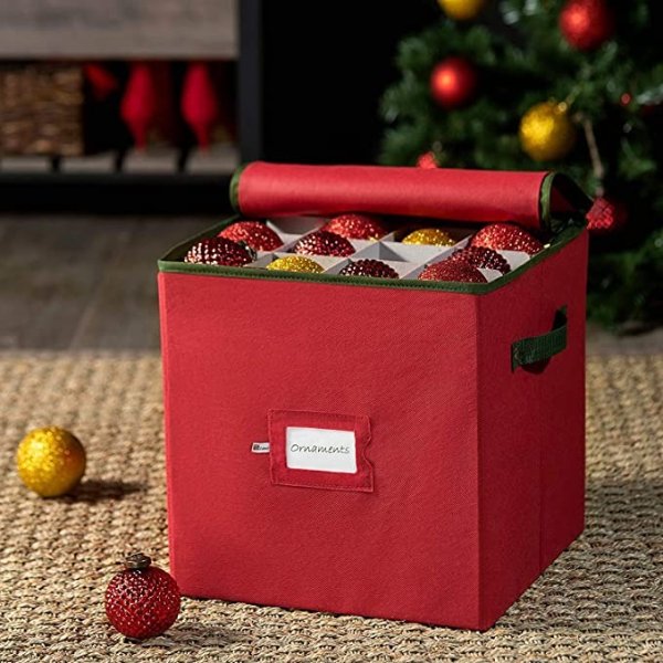 ZOBER Christmas Ornament Storage Box with Zippered Closure - Protect & Keeps Safe Up to 64 Holiday Ornaments & Xmas Decorations Accessories, Durable Non-Woven Ornament Storage Container, Two Handles