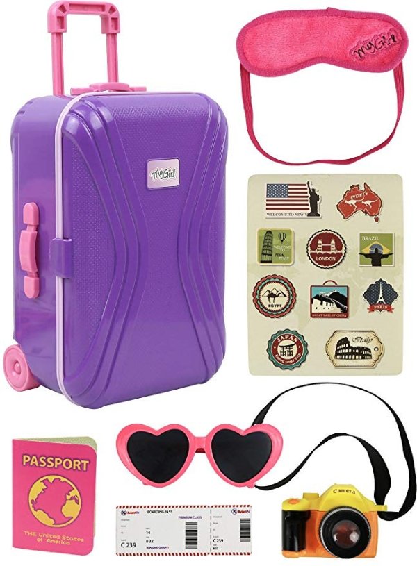 Click N’ Play 18” Doll Travel Carry on Suitcase Luggage 7 Piece Set with Travel Gear Accessories, Perfect for 18 inch American Girl Dolls