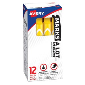 AVERY Marks-A-Lot Permanent Markers, Large Desk-Style Size, Chisel Tip, Water and Wear Resistant, 12 Yellow Markers