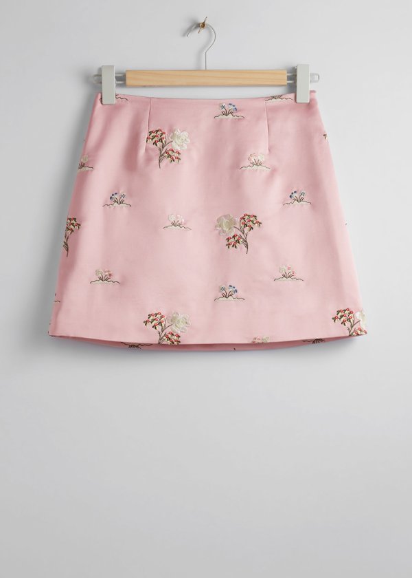 Floral Embroidery Satin Mini Skirt