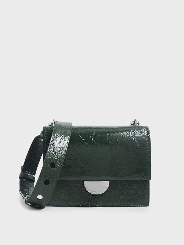 Dark Green Round Metal Accent Wrinkled Patent Bag