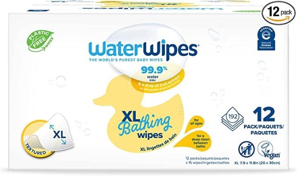 Plastic-Free, Rinse-Free, XL Bathing Wipes, 99.9% Water Based Wipes, Unscented & Hypoallergenic for Sensitive Skin, 192 Count (12 packs), Packaging May Vary