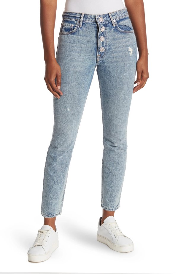 Karolina Rhinestone Button Distressed High Waist Jeans
