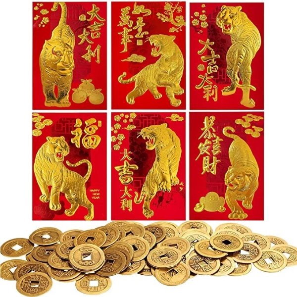 ELLZK 36 Pcs Chinese Red Envelopes Lucky Money Envelopes 2022 Chinese New Year Tiger Year Envelope Small and 50 Pieces Chinese Feng Shui Coins Good Luck Fortune Coin I-Ching Coin for Health and Wealth