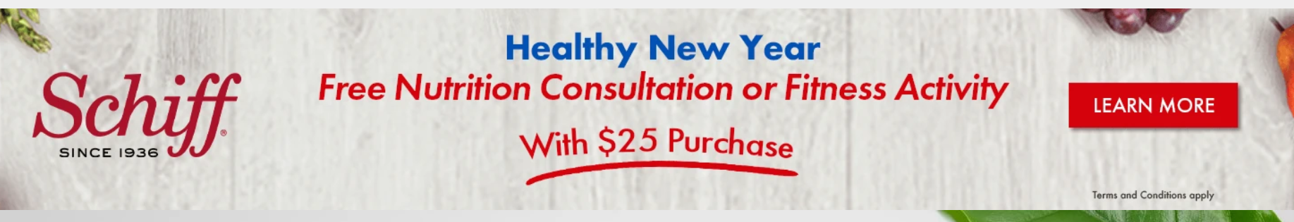 Schiff在特定超市买指定商品满$25,送价值$25的营养咨询或者健身券