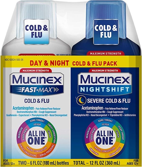 Maximum Strength Fast-Max Cold & Flu and Nightshift, All-in-One Multi Symptom Relief Liquid, 6 Fl Oz (Pack of 2)