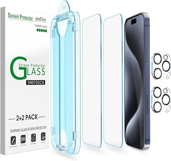 Easiest Installation OneTouch for iPhone 15 Pro Max [6.7 Inch] Screen Protector Tempered Glass + Camera Lens Protector, Auto-Alignment Tech, Bubble Free, Case Friendly, Anti-Scratch [2+2 Pack]