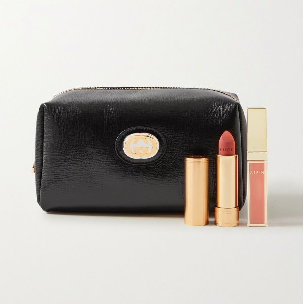 Embellished glossed textured-leather cosmetics case