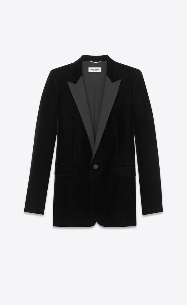 iconic le smoking single breasted tuxedo jacket in black velour