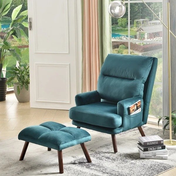 OVIOS Recliner chair with ottoman,Velvet & Linen wingback chair,Mid Century reading chair for living room, accent chair - Green