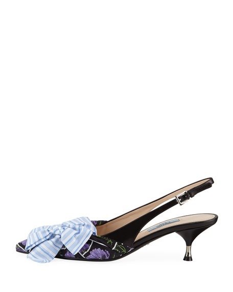 Fabric & Leather Kitten-Heel Slingback Pumps with Bow