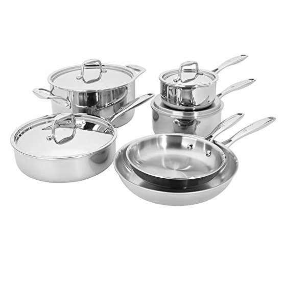 Clad Impulse 10-pc 3-Ply Stainless Steel Pots and Pans Set, Cookware Set, Fry Pan, Saucepan with Lid, Saute Pan with Lid, Dutch Oven with Lid, Stay-Cool Handles, Induction Stove Compatible