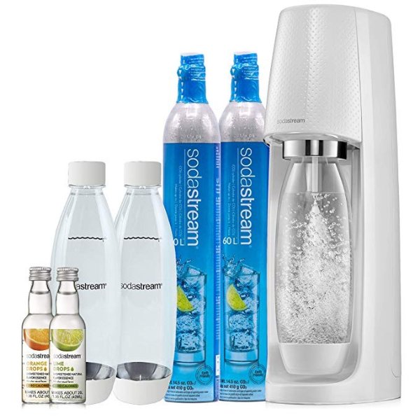 Fizzi Sparkling Water Maker Bundle (White), with CO2, BPA free Bottles, and 0 Calorie Fruit Drops Flavors