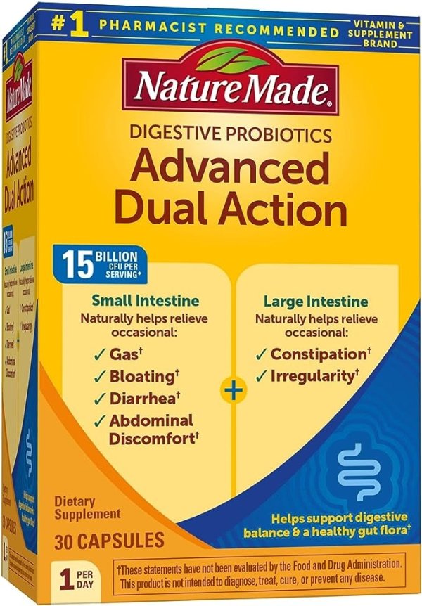 Digestive Probiotics Advanced Dual Action, Dietary Supplement for Digestive Health Support, 30 Probiotic Capsules, 30 Day Supply